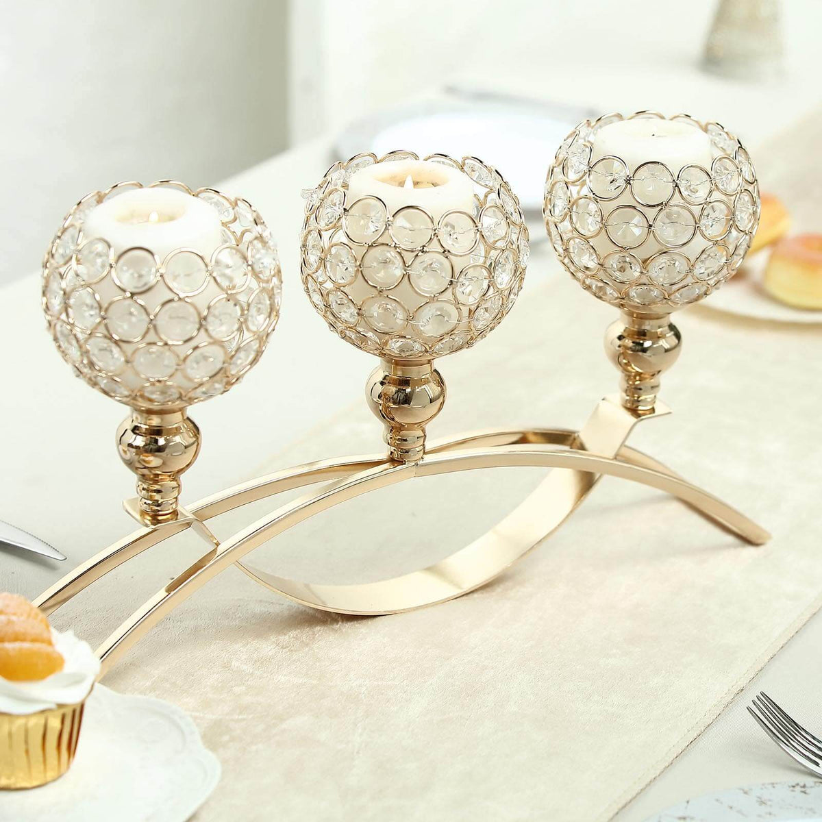 3-Arm Arch Bridge Candelabra Gold with Crystal Beads - Chic Table Centerpiece for Events 16"