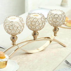 3-Arm Arch Bridge Candelabra Gold with Crystal Beads - Chic Table Centerpiece for Events 16"