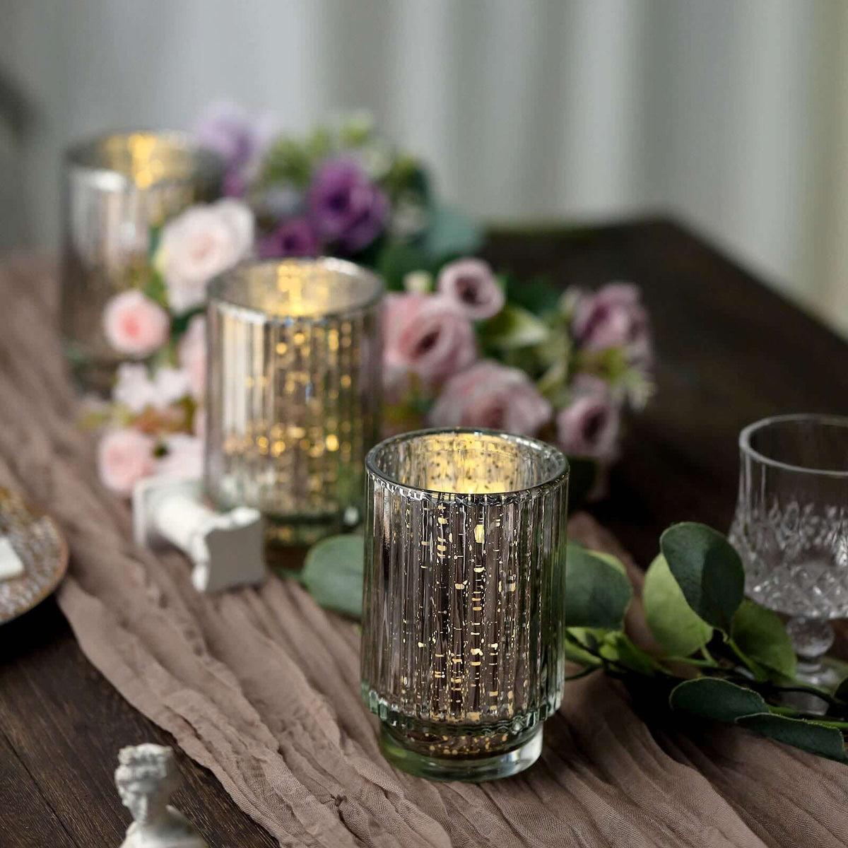 3-Pack Mercury Glass Hurricane Candle Holders Silver Wavy Column Design - Votive Pillar Vase 5"