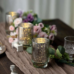 3-Pack Mercury Glass Hurricane Candle Holders Silver Wavy Column Design - Votive Pillar Vase 5"