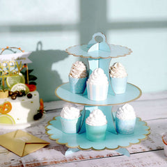 3-Tier Cardboard Cupcake Stand Light Blue - Sturdy & Collapsible Dessert Treat Tower with Gold Scalloped Rim for Baby Shower Wedding & Party Decor 13"