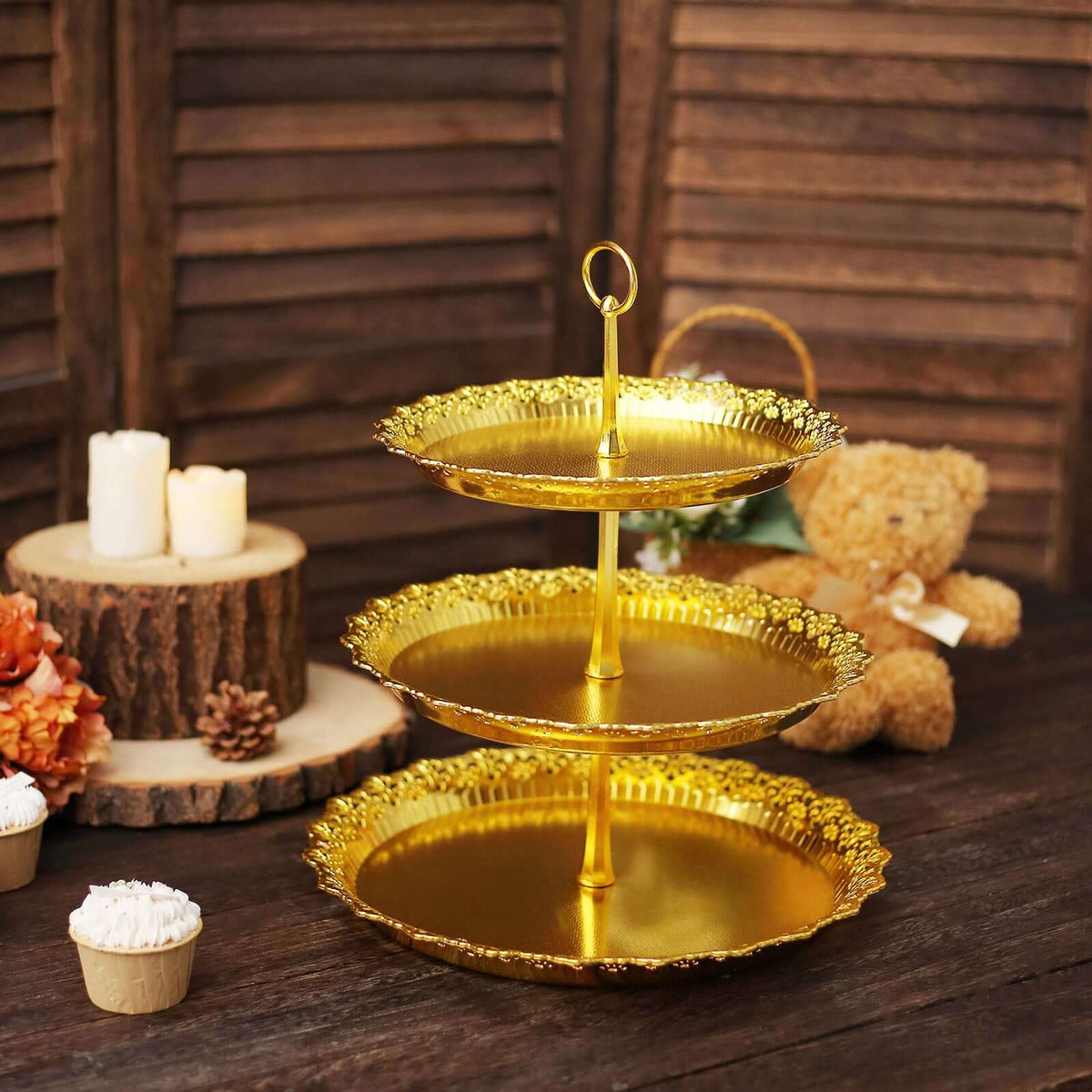 3-Tier Plastic Round Cupcake Stand 15" Metallic Gold with Lace Scalloped Edges