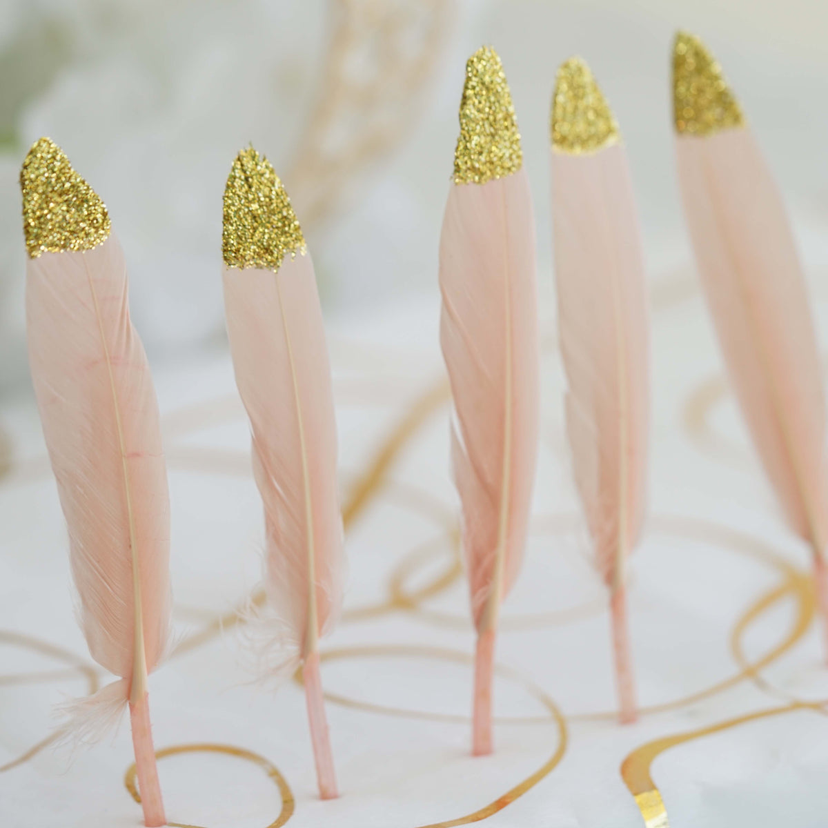 30-Pack Turkey Feathers Craft Feathers Glitter Gold Tip Blush - Decorative Feathers for DIY Party Projects