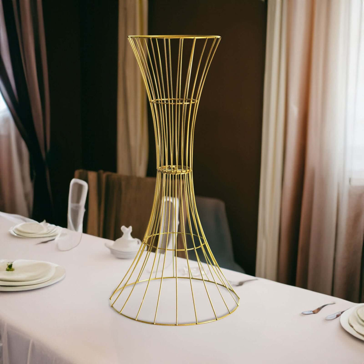 36" Tall Gold Metal Wire Hourglass Flower Frame Stand, Open Frame Reversible Trumpet Centerpiece Stand