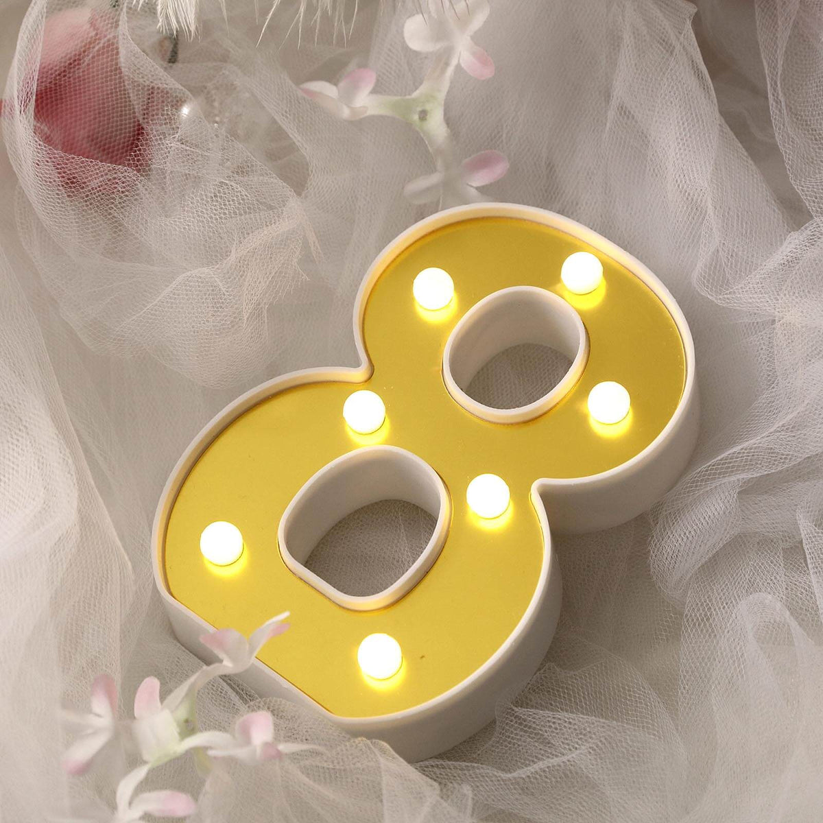 3D Marquee Number "8" Warm White 7 LED Lights Gold - Stylish Light-Up Accent for Events 6"