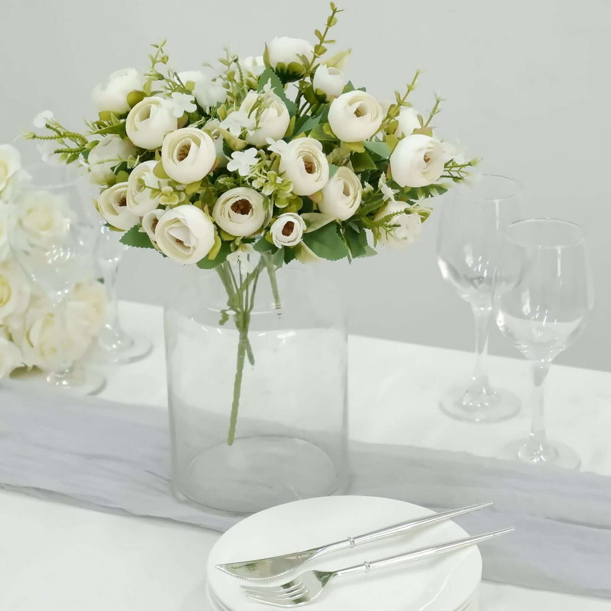 4 Pack 12" Artificial Ivory Ranunculus Silk Flower Bridal Bouquets, Faux Buttercup Floral Arrangement