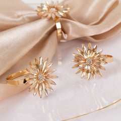 4 Pack Amber Gold Daisy Floral Metal Napkin Holders with Rhinestone Accents, Decorative Napkin Rings - 2"