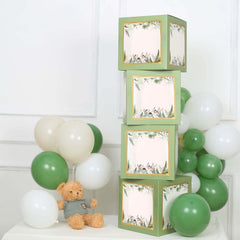 4 Pack Green Foliage Leaves Boho Design DIY Prop Balloon Boxes, Gender Neutral Baby Shower Party Decorations