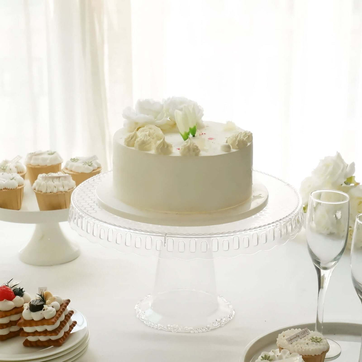 4-Pack Plastic Round Pedestal Cake Stands Clear - Reusable Cupcake Pastry Display Risers with Hollow Ribbon Trim Edges for Stylish Dessert Presentation 13"