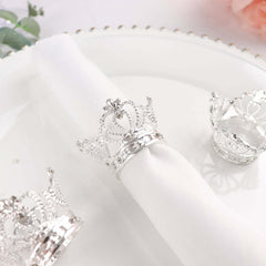 4 Pack Silver Metal Crown Rhinestone Napkin Rings, Royal Bling Napkin Holders