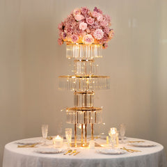 40" Crystal Pendant Table Centerpiece in 5-Tier Gold, Round Flower Stand Metal Vase Chandelier with Hanging Crystals