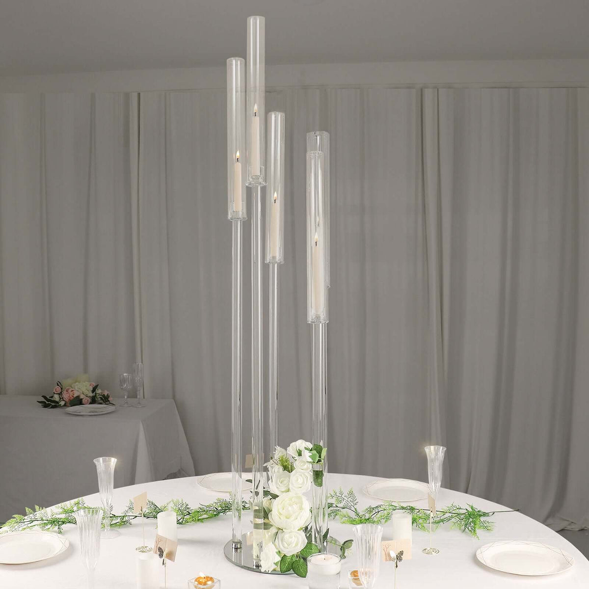 5-Arm Round Cluster Crystal Candelabra Clear with Mirror Base - Radiant Candle Holder Table Centerpiece for Votive & Pillar Candles 51"