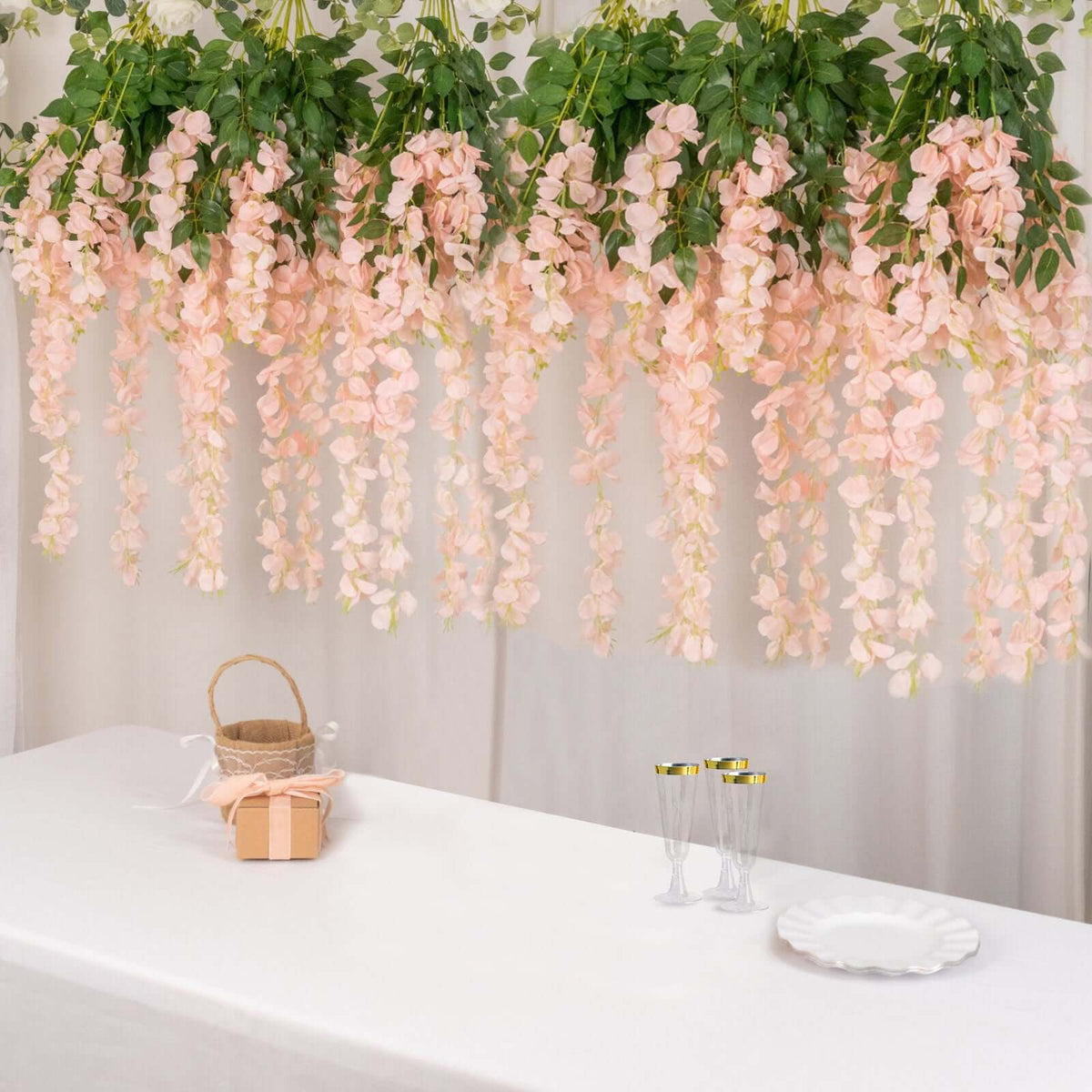 5 Pack 44" Silk Hanging Wisteria Flower Garland Vines in Blush, 3 Strands in 1 Bush