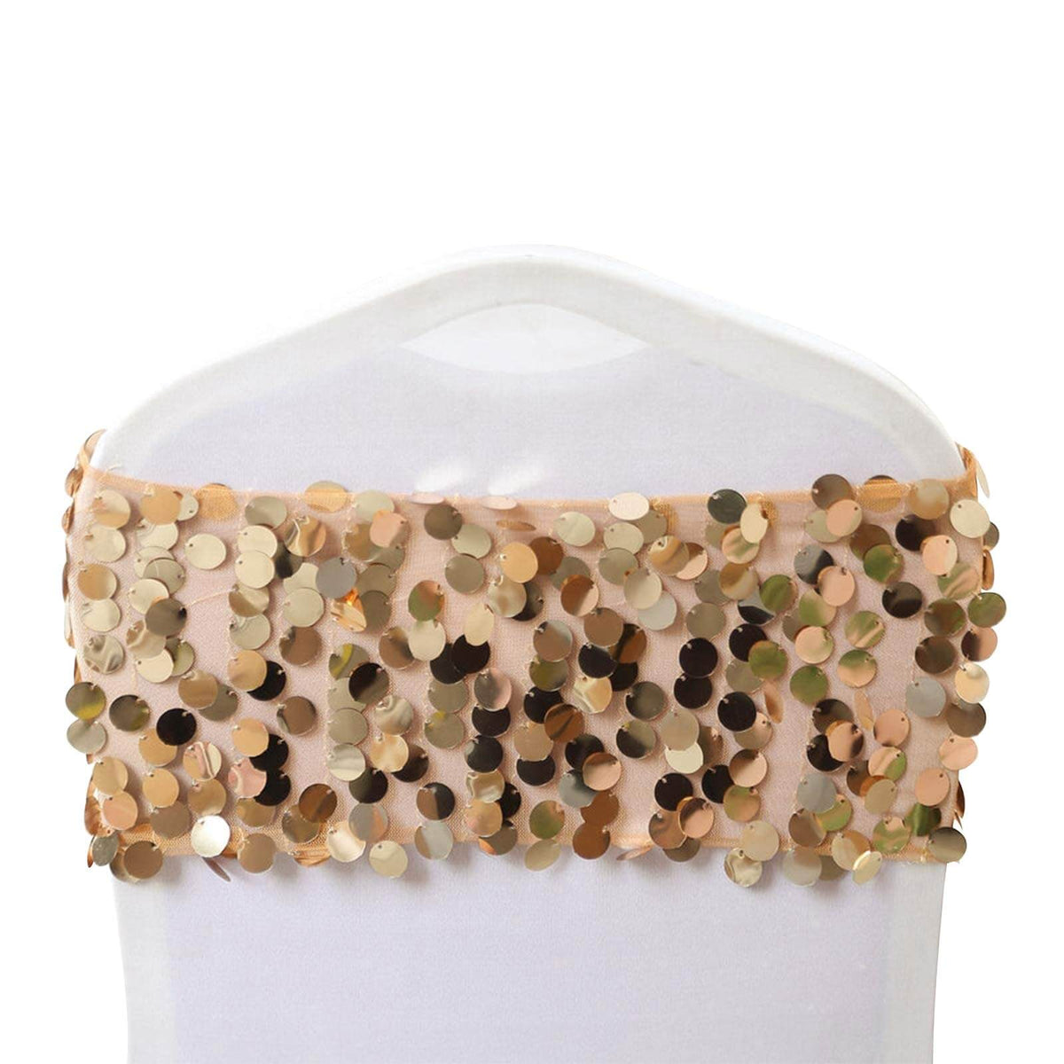 5 Pack Big Payette Sequin 13"x10" Chair Sash Bands Gold - Stylish Glittering Decor for Weddings & Gatherings
