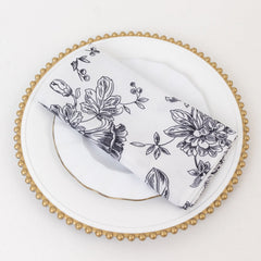 5 Pack Polyester 20"x20" Dinner Napkins White with Black French Toile Pattern - Reusable Floral Cloth Napkins