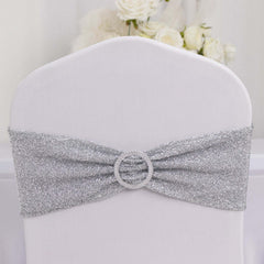 5 Pack Chair Sashes Shimmer Tinsel Spandex 5"x12" with Silver Rhinestone Buckles Silver - Stylish Decor for Weddings