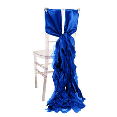 5 Pack Chiffon Satin Chair Sashes Royal Blue - Easy to Install Ruffled Curly Willow