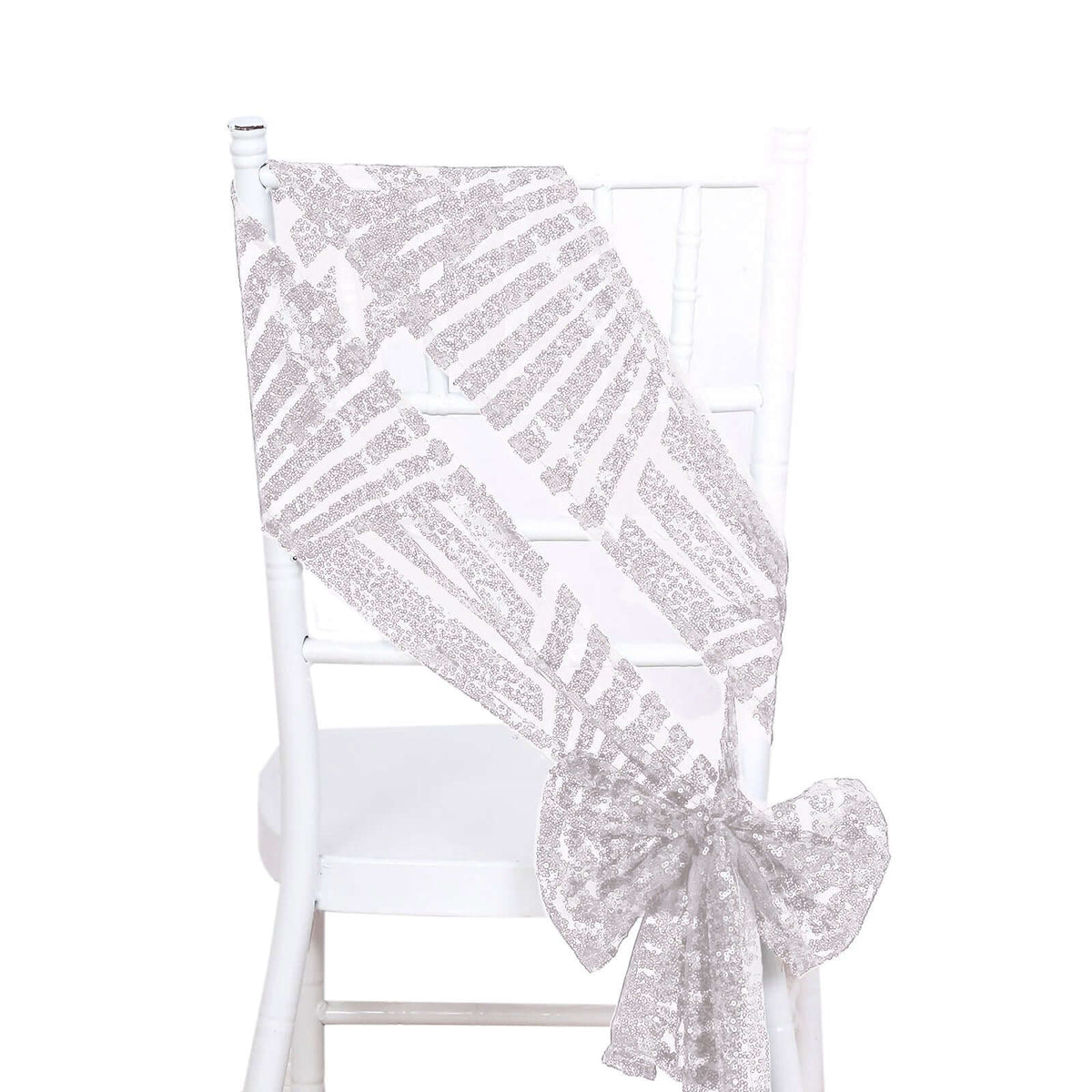5 Pack Glitz Sequin Chair Sashes with Geometric Diamond Design 6"x88"Silver