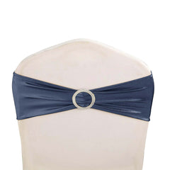 5 Pack Metallic Spandex Chair Sashes Navy Blue - Stretch Fit Chair Bands With Round Diamond Buckles