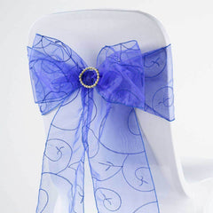 5 Pack Organza Chair Sashes with Satin Leaf Embroidery Royal Blue - Reusable Sheer Design 7"x108"