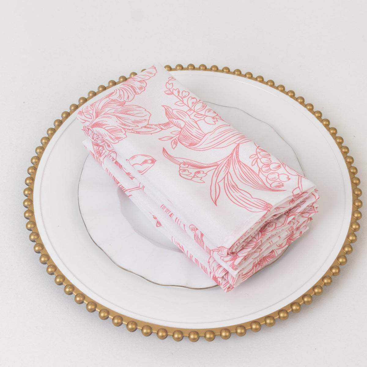 5-Pack French Toile Polyester Cloth Napkins – 17"x17" Pink and White Reusable Table Napkins in Floral Design for Events & Dining