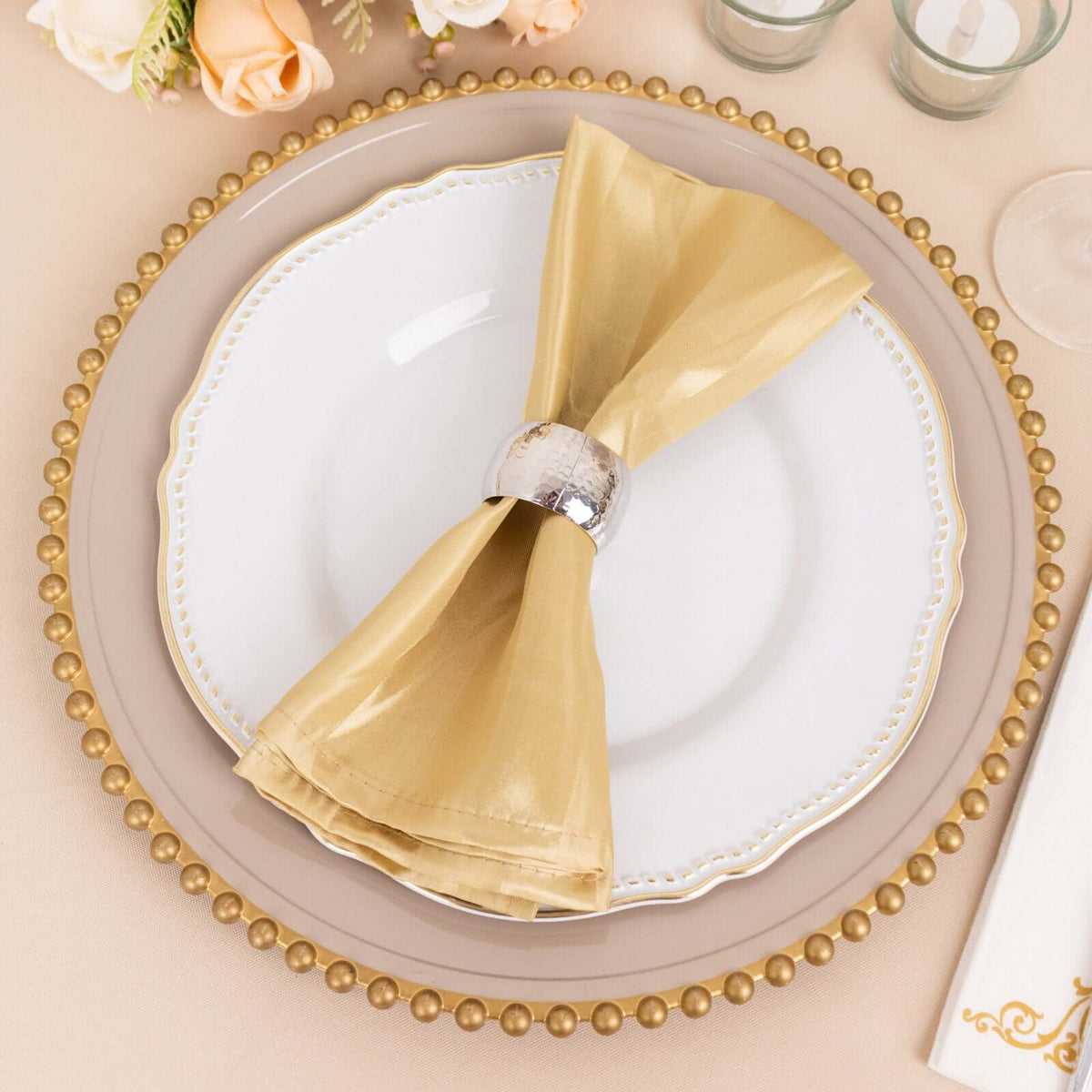 5 Pack Satin 20"x20" Napkins Champagne Glossy Stripes - Durable & Wrinkle-Free Cloth Napkins