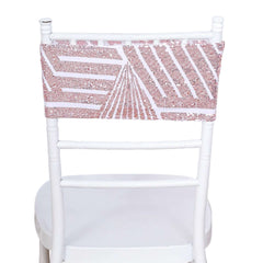 5 Pack Sequin Spandex Chair Sash White with Rose Gold Geometric Diamond Glitz Pattern - Durable & Easy To Use Stretchable Chair Bands