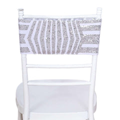 5 Pack Sequin Spandex Chair Sash White with Silver Geometric Diamond Glitz Pattern - Durable & Easy To Use Stretchable Chair Bands
