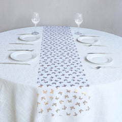 5 Pack Sheer Organza 11"x108" Table Runner Rolls White Disposable with Metallic Gold Foil Butterflies Motifs