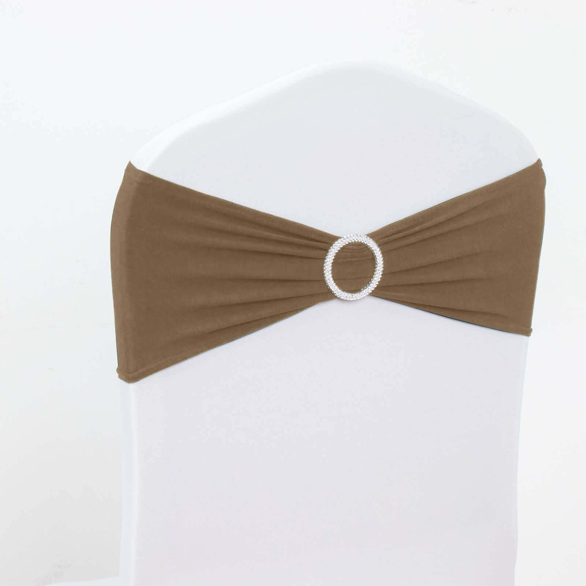 5 Pack Stretch Spandex Chair Sashes Taupe - Reusable Chair Bands with Silver Diamond Ring Slide Buckle 5"x14"
