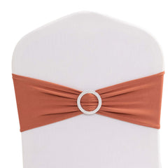 5 Pack Stretch Spandex Chair Sashes Terracotta (Rust) - Reusable Chair Bands with Silver Diamond Ring Slide Buckle 5"x14"
