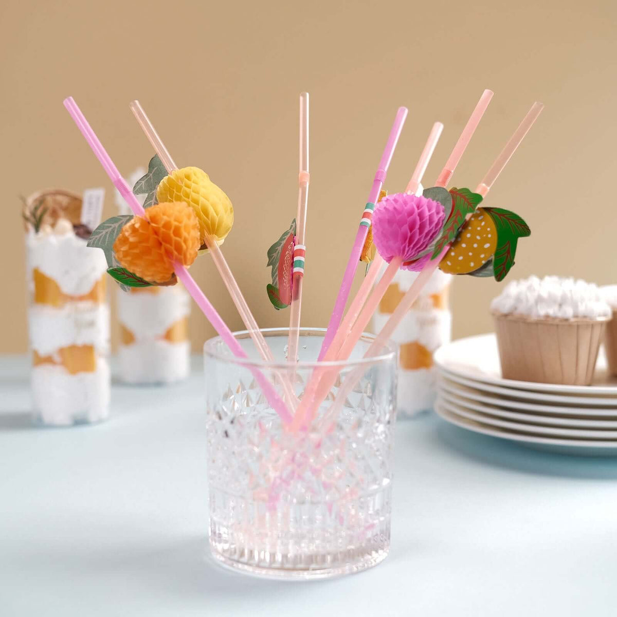 50-Pack Tropical Fruit Drinking Straws Multi-Colored - Disposable Straws for Summer Drinks 10"