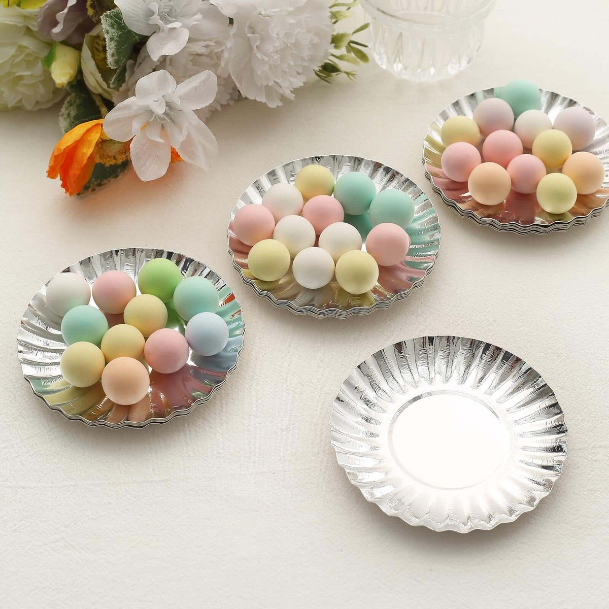50-Pack Paper 3.5" Round Party Plates in Metallic Silver with Scalloped Rim - Disposable Mini 250GSM Dessert Plates for Tapas, Appetizers & Finger Foods