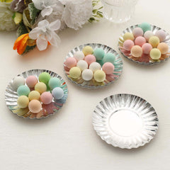 50-Pack Paper 3.5" Round Party Plates in Metallic Silver with Scalloped Rim - Disposable Mini 250GSM Dessert Plates for Tapas, Appetizers & Finger Foods