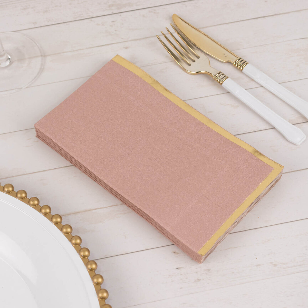 50-Pack Paper Dinner Napkins Dusty Rose with Gold Foil Edge 2 Ply - Stylish Disposable Napkins