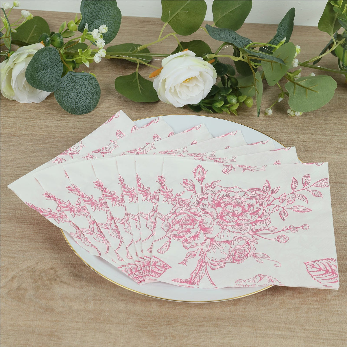 50 Pack 2-Ply Paper Beverage Napkins in Matte Pink and White French Toile Floral Pattern, Highly Absorbent Soft Disposable Cocktail Napkins