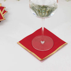 50-Pack Paper Beverage Napkins Red with Gold Foil Edge - 2 Ply Disposable Soft 18GSM Cocktail Napkins 5"x5"