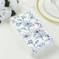 50-Pack Paper Dinner Napkins White with Blue Magnolia Flowers Print 2-Ply - Disposable Soft Napkins for Parties