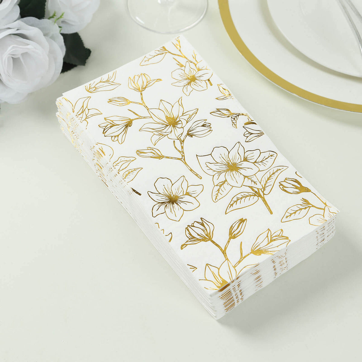 50-Pack Paper Dinner Napkins White with Gold Magnolia Flowers Print 2-Ply - Disposable Soft Napkins for Parties