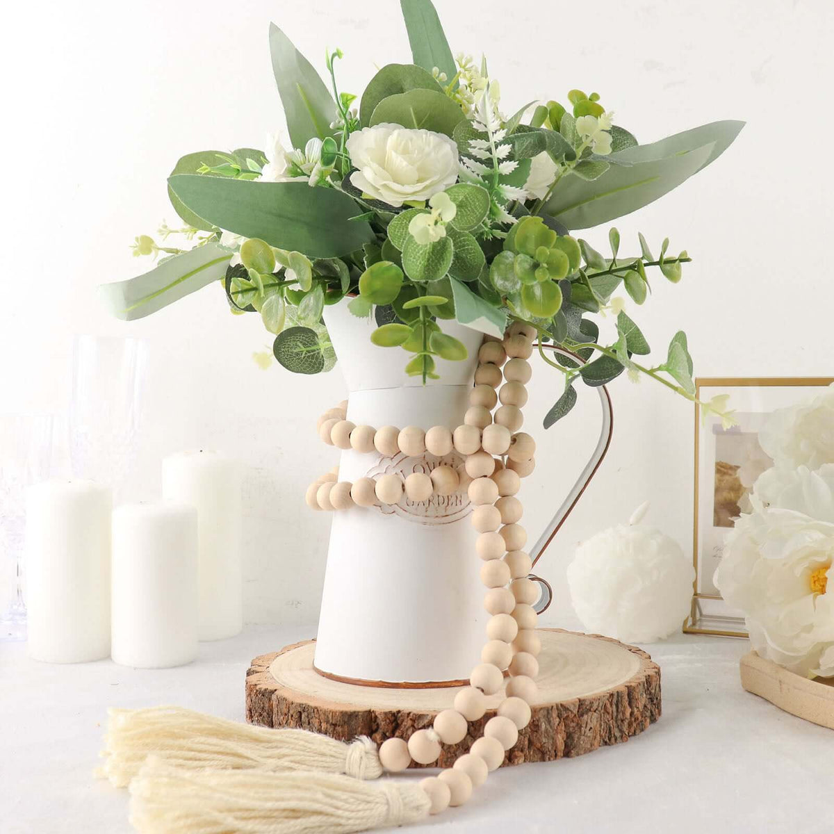 55" Cream Rustic Boho Chic Wood Bead Garland With Tassels, Farmhouse Country Wood Bead Chain