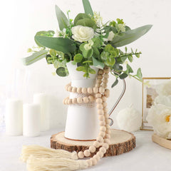 55" Cream Rustic Boho Chic Wood Bead Garland With Tassels, Farmhouse Country Wood Bead Chain