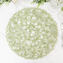 6-Pack Table Placemats Woven Fiber Design Sage Green Round - Disposable Mats for Dining and Events 15"