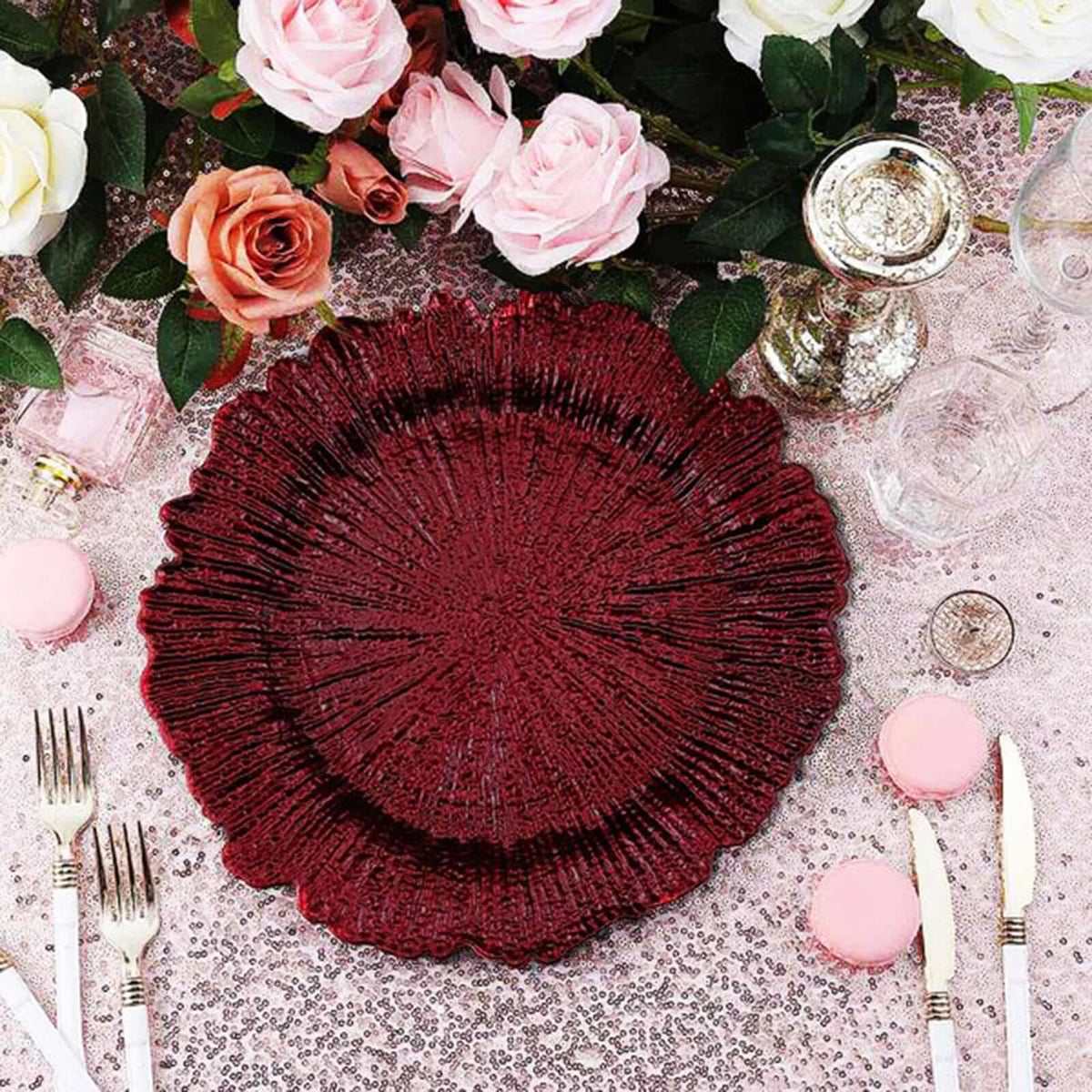 6-Pack Acrylic Plastic Round Charger Plates 13" in Burgundy with Reef Design, Dinner Charger Tableware