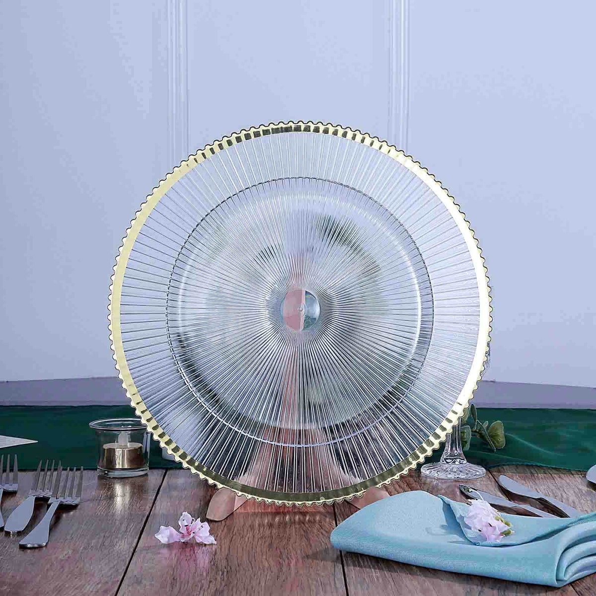 6-Pack Acrylic Plastic Round Charger Plates 13" in Clear with Gold Sunray Wavy Rim, Exquisite Dinner Serving Plates