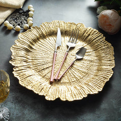 6-Pack Acrylic Plastic Round Charger Plates 13" in Gold with Reef Design, Classy Dinner Party Charger Tableware
