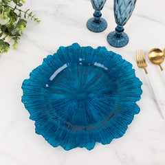6-Pack Acrylic Plastic Round Charger Plates 13" in Transparent Navy Blue with Reef Design, Dinner Charger Tableware