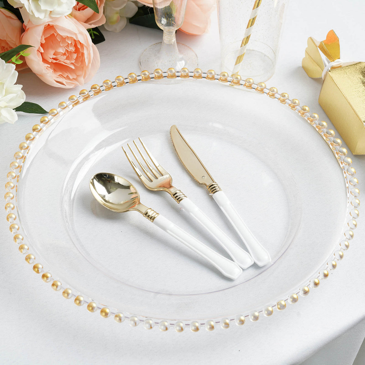 6-Pack Acrylic Round Charger Plates 13" in Clear with Gold Beaded Rim, Decorative Dinner Party Serving Plates