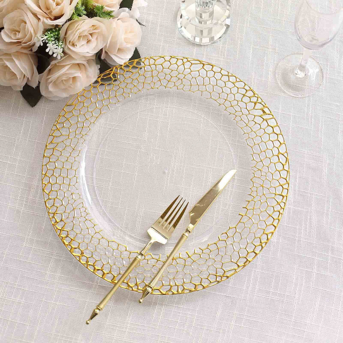 6-Pack Acrylic Round Charger Plates 13" in Clear with Gold Hammered Rim, Decorative Plastic Charger Tableware