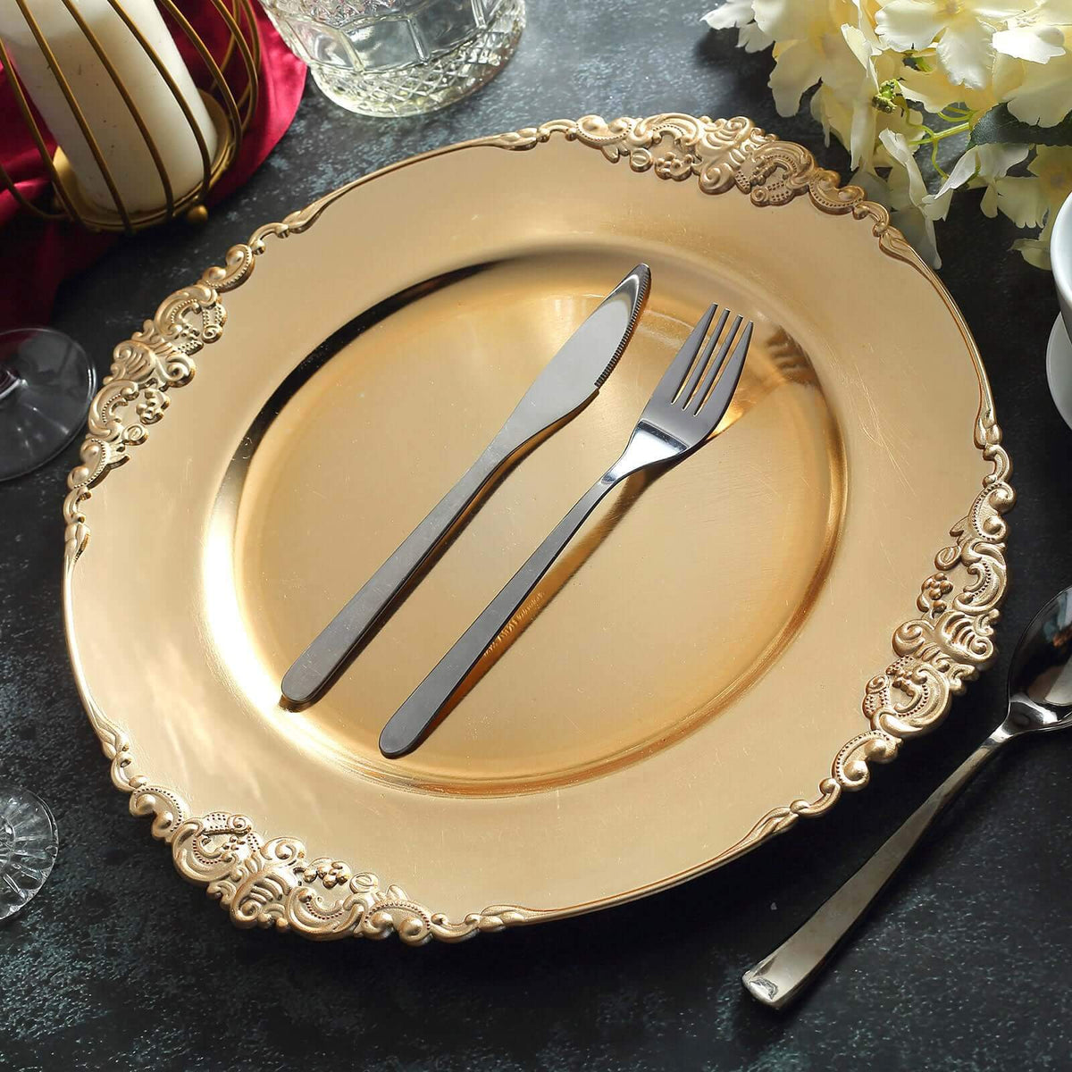 6-Pack Acrylic Round Charger Plates 13" in Gold with Embossed Baroque Rim, Antique Decorative Dinner Party Charger Tableware