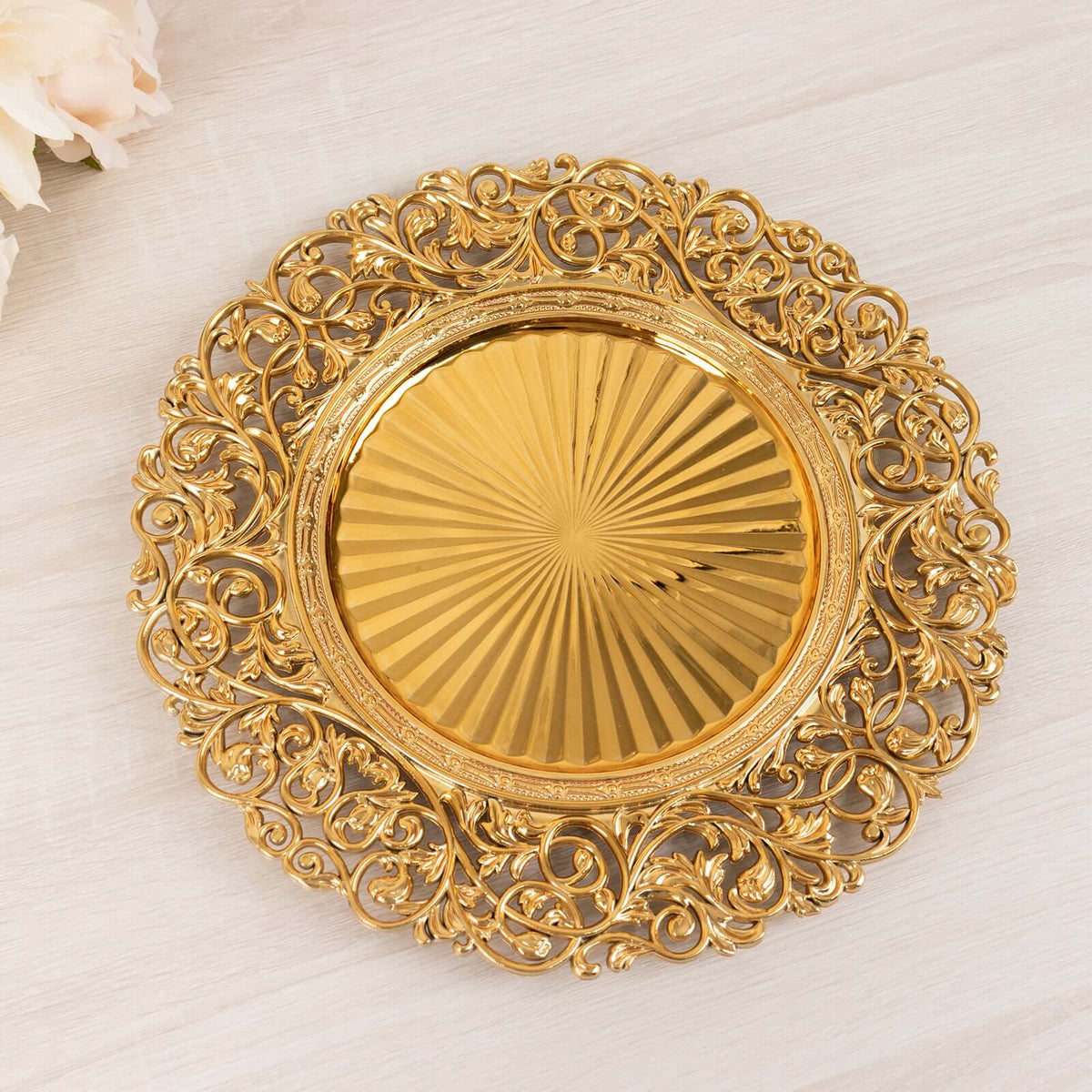 6-Pack Acrylic Round Charger Plates 13" in Gold with Vintage Floral Carved Rim, Event Tabletop Decorative Charger Tableware